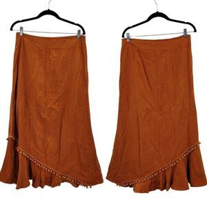 Nikki‎ Collection Skirt M Burnt Orange Maxi Retro 70s Corduroy Ruffle Pom Pom